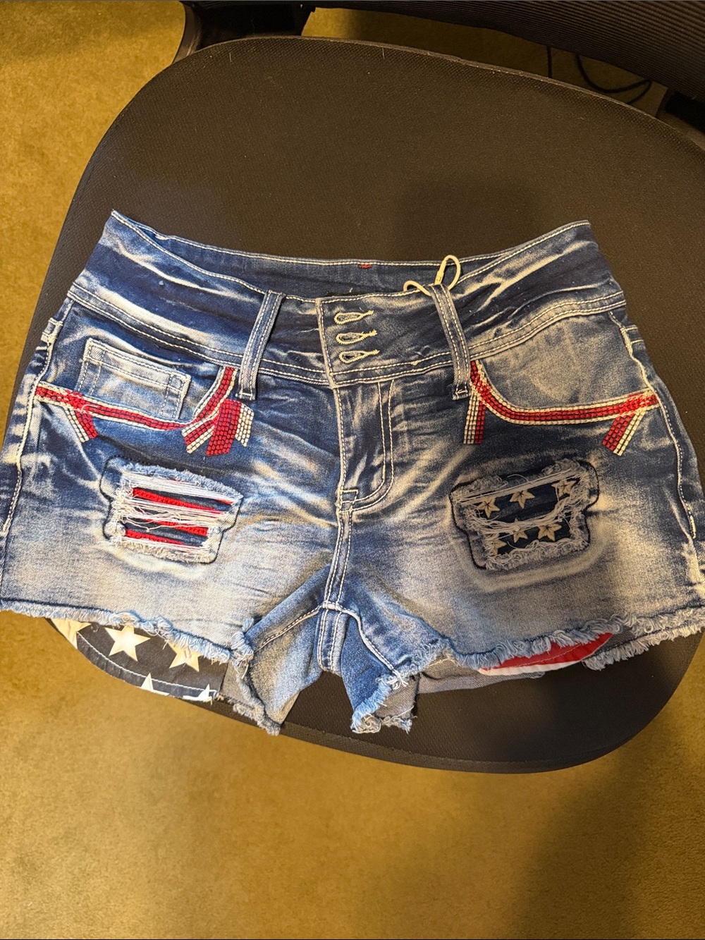 Womens Distressed Blue Denim Shorts with Star & Stripe Patchwork